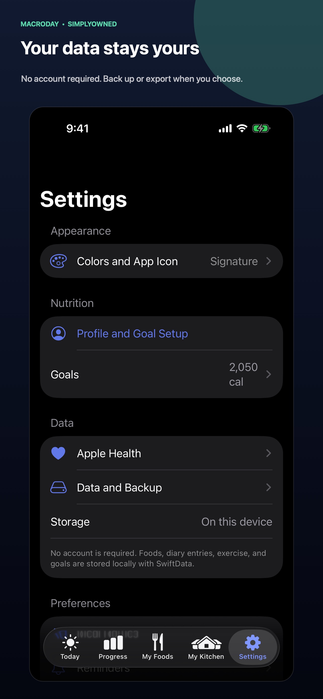 MacroDay Data & backup screen