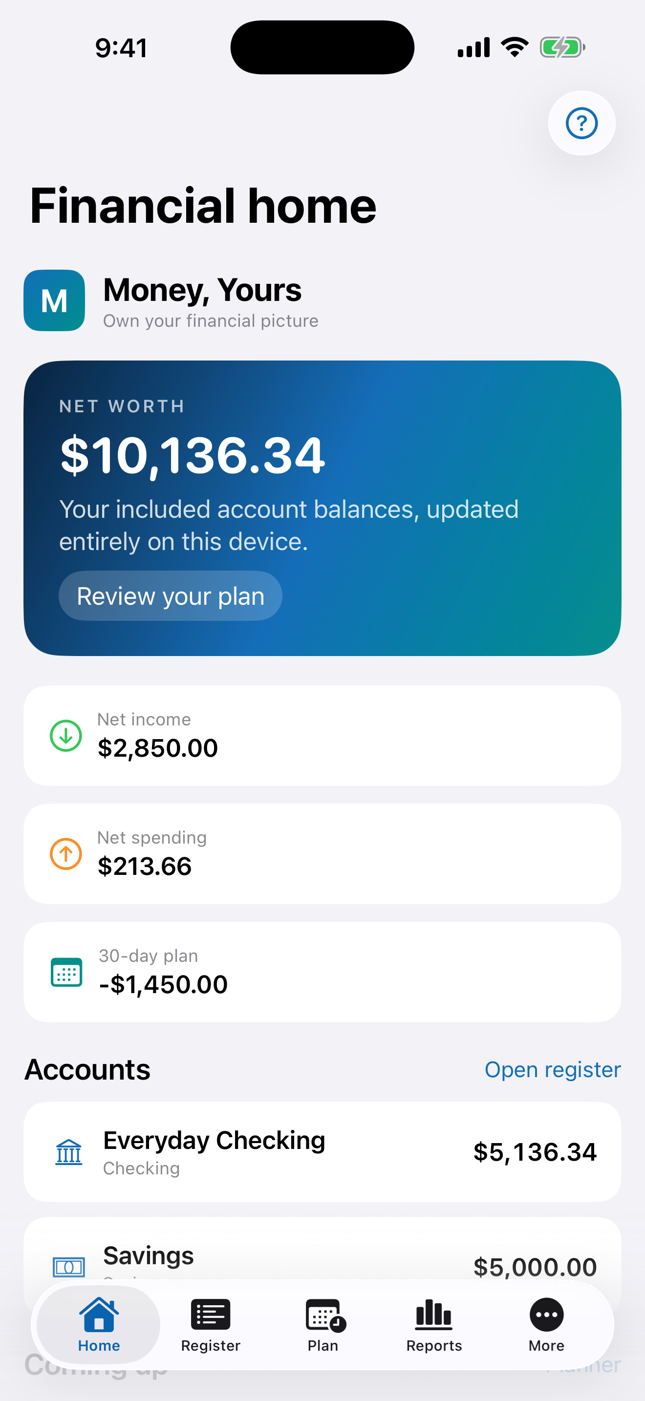 Money, Yours Overview screen