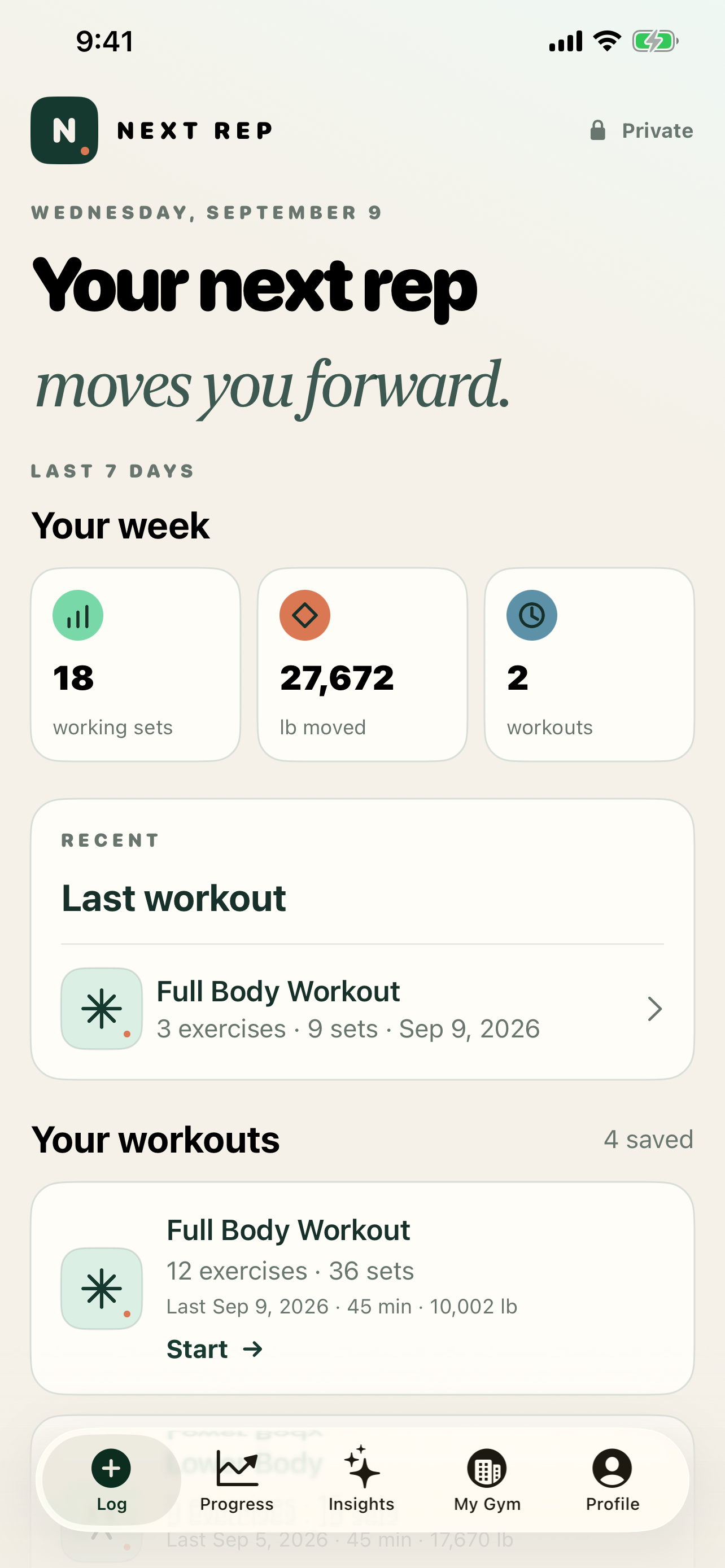 Next Rep Log & weekly progress screen